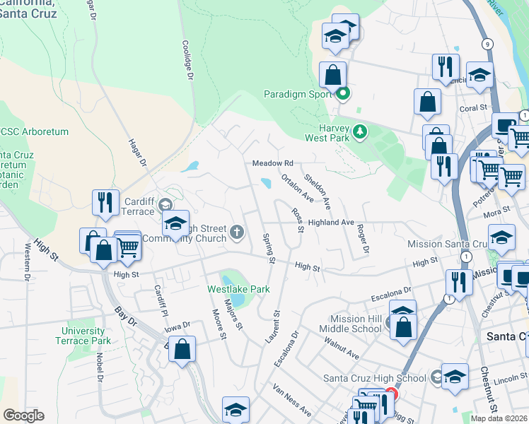 map of restaurants, bars, coffee shops, grocery stores, and more near 401 Spring Street in Santa Cruz