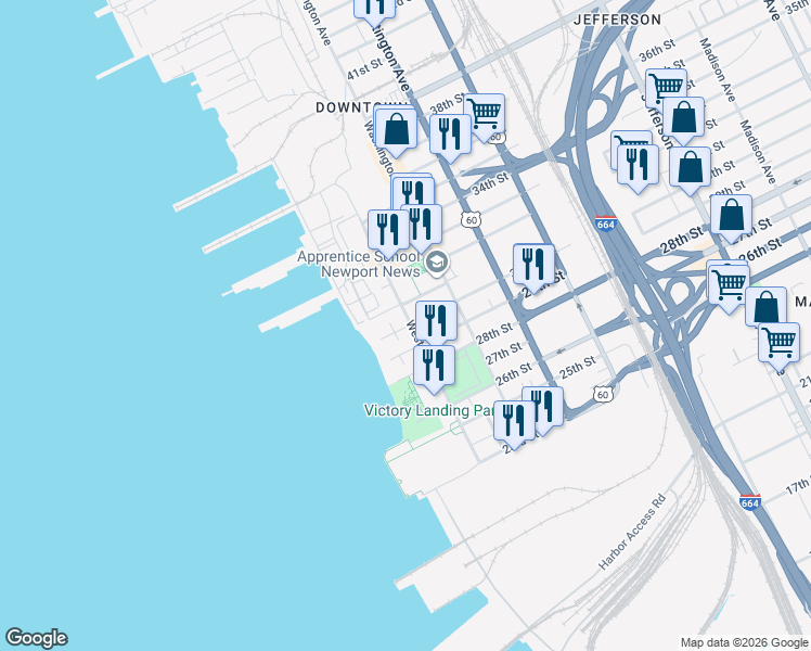 map of restaurants, bars, coffee shops, grocery stores, and more near 2901 West Avenue in Newport News