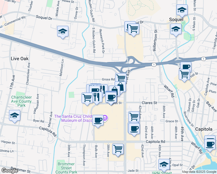 map of restaurants, bars, coffee shops, grocery stores, and more near 3710 Gross Road in Santa Cruz