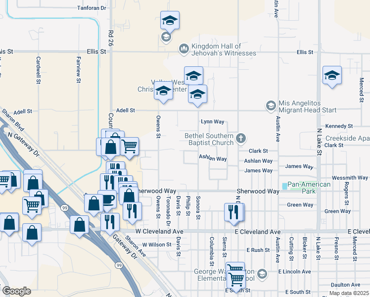 map of restaurants, bars, coffee shops, grocery stores, and more near 1481 Taylor Street in Madera