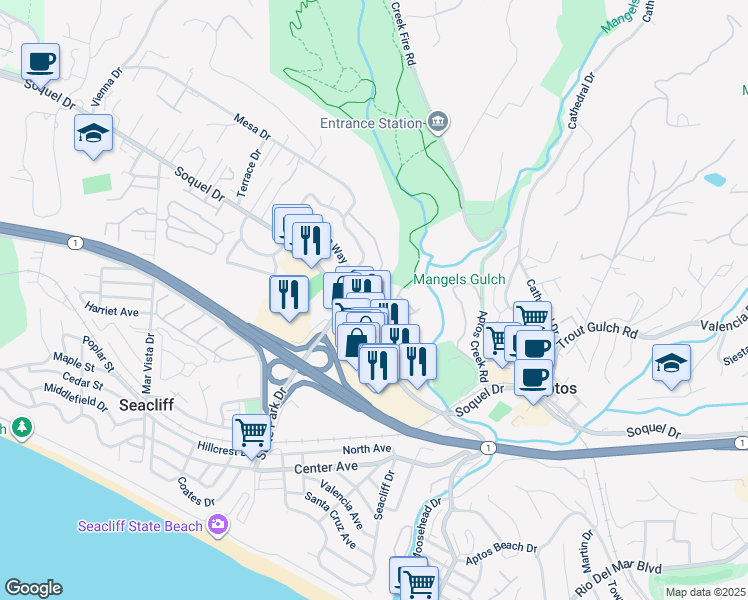 map of restaurants, bars, coffee shops, grocery stores, and more near 3360 Aptos Rancho Road in Aptos