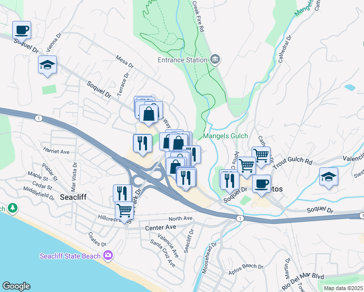 map of restaurants, bars, coffee shops, grocery stores, and more near in Aptos