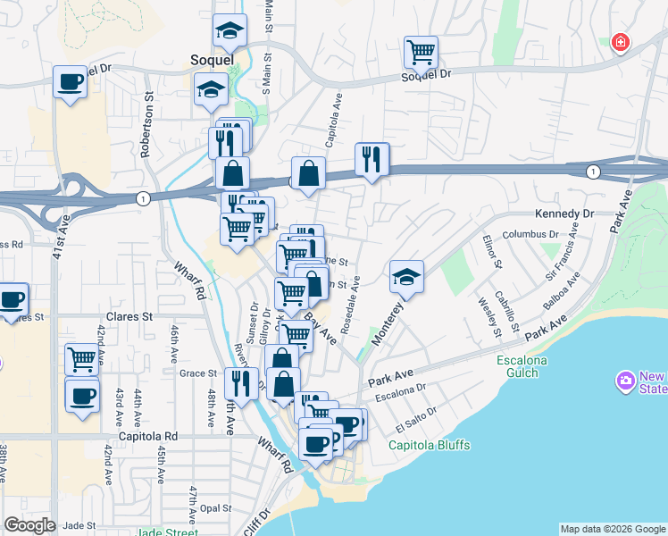 map of restaurants, bars, coffee shops, grocery stores, and more near 501 Plum Street in Capitola