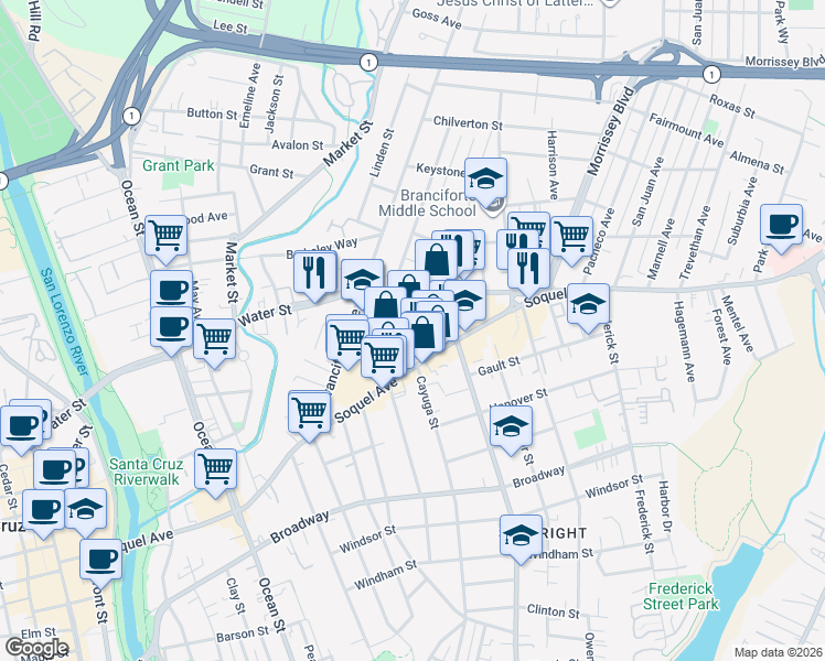 map of restaurants, bars, coffee shops, grocery stores, and more near in Santa Cruz