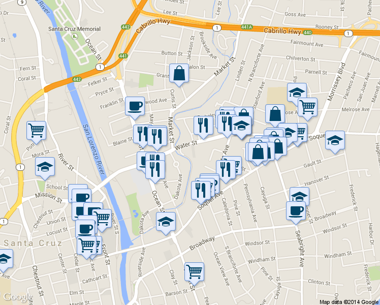 map of restaurants, bars, coffee shops, grocery stores, and more near 550 Water Street in Santa Cruz