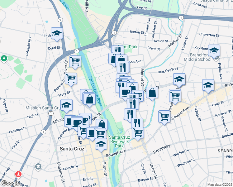 map of restaurants, bars, coffee shops, grocery stores, and more near 303 Water Street in Santa Cruz