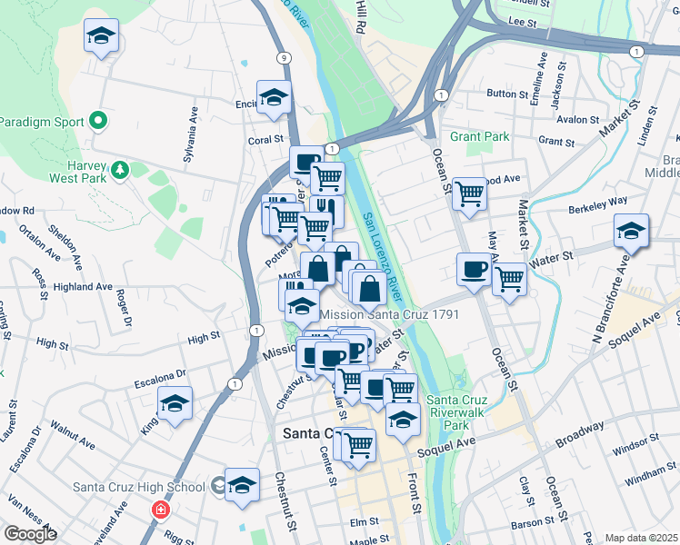 map of restaurants, bars, coffee shops, grocery stores, and more near 228 River Street in Santa Cruz