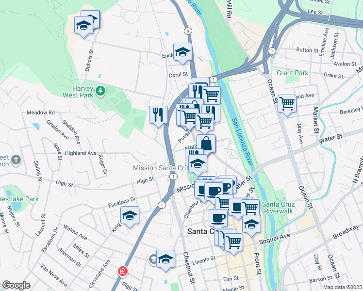 map of restaurants, bars, coffee shops, grocery stores, and more near 225 Mora Street in Santa Cruz