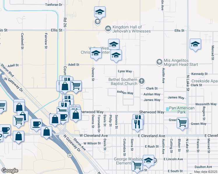 map of restaurants, bars, coffee shops, grocery stores, and more near 1481 Taylor Street in Madera