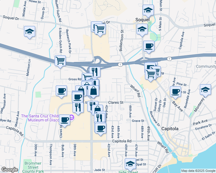 map of restaurants, bars, coffee shops, grocery stores, and more near 4270 Trotter Street in Capitola