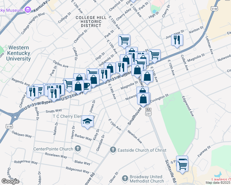 map of restaurants, bars, coffee shops, grocery stores, and more near 1315 Nutwood Street in Bowling Green
