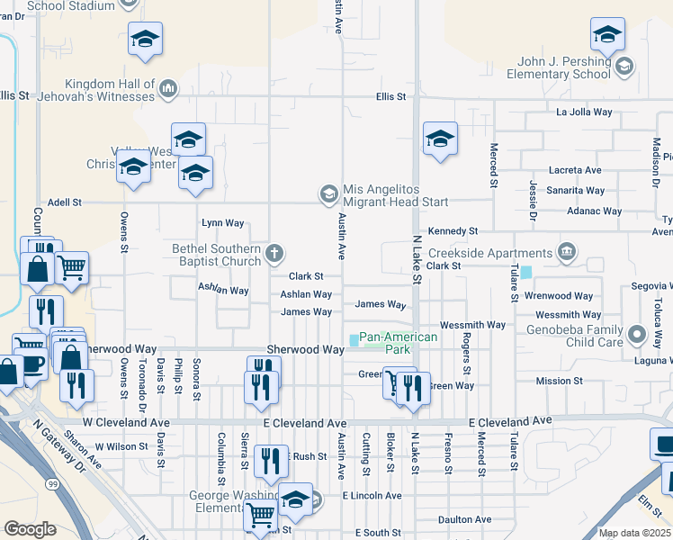 map of restaurants, bars, coffee shops, grocery stores, and more near 621 East Clark Street in Madera