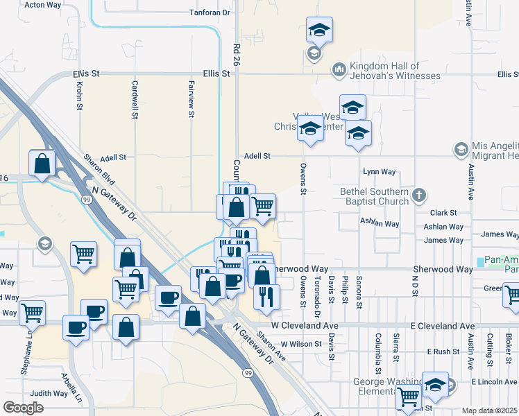 map of restaurants, bars, coffee shops, grocery stores, and more near 439 West Clark Street in Madera