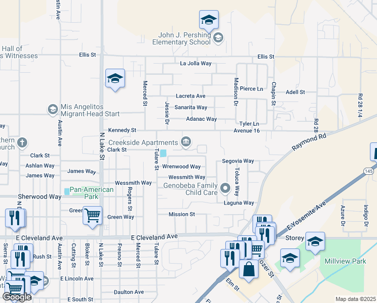 map of restaurants, bars, coffee shops, grocery stores, and more near 1601 Creekside Drive in Madera