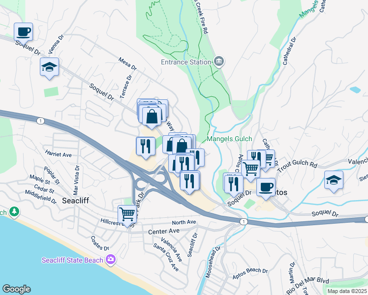 map of restaurants, bars, coffee shops, grocery stores, and more near 3595 East Ledyard Way in Aptos