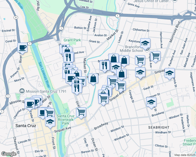 map of restaurants, bars, coffee shops, grocery stores, and more near 631 Water Street in Santa Cruz