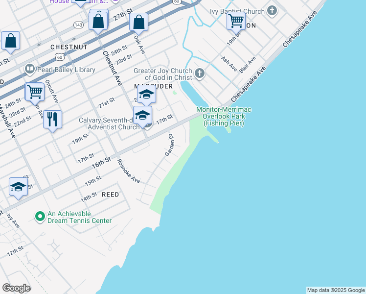 map of restaurants, bars, coffee shops, grocery stores, and more near 1358 Garden Drive in Newport News