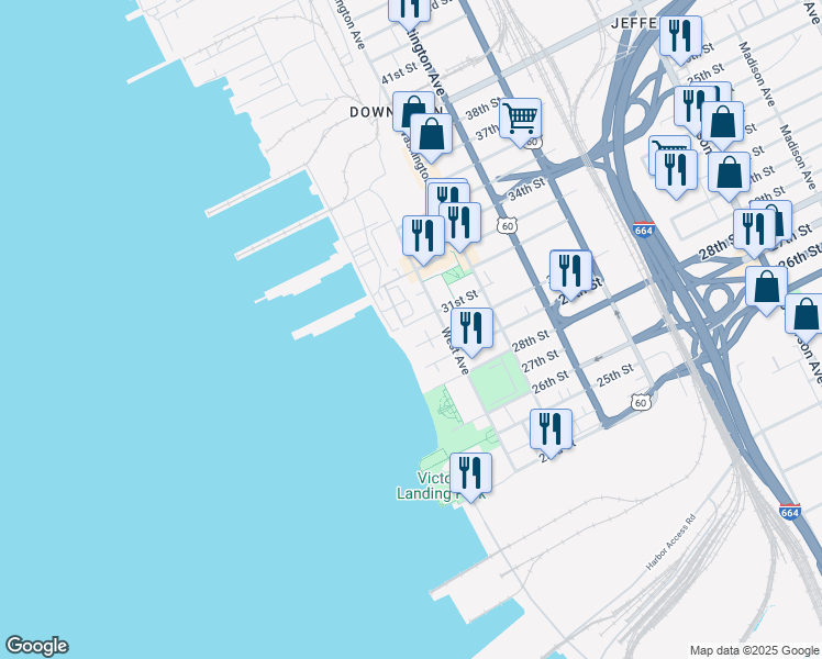 map of restaurants, bars, coffee shops, grocery stores, and more near 3207 West Avenue in Newport News