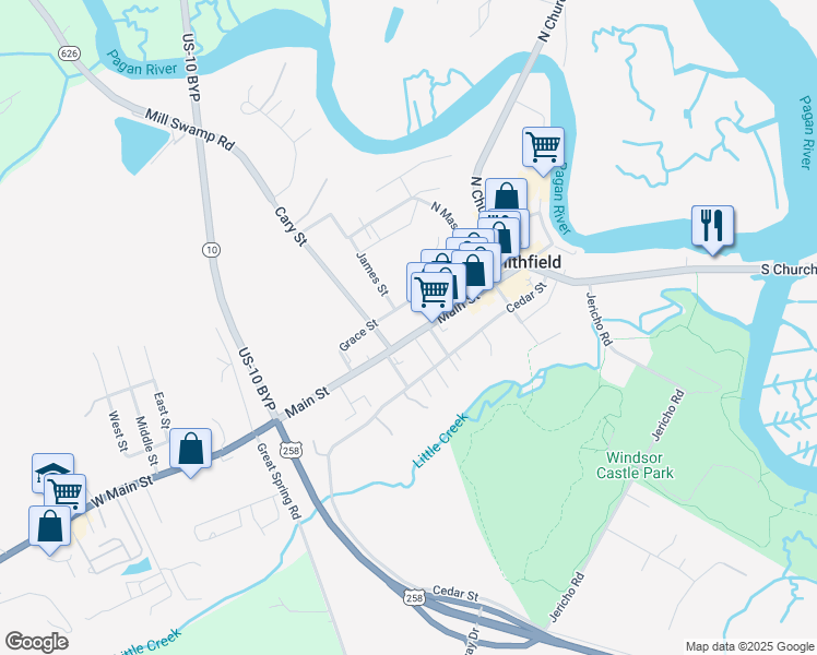 map of restaurants, bars, coffee shops, grocery stores, and more near 321 Grace Street in Smithfield