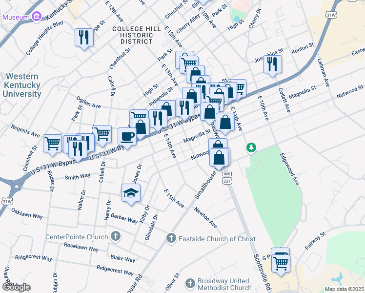 map of restaurants, bars, coffee shops, grocery stores, and more near 1029 East 13th Avenue in Bowling Green