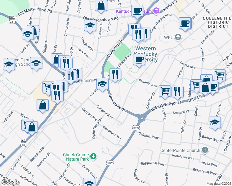 map of restaurants, bars, coffee shops, grocery stores, and more near 400-436 University Boulevard in Bowling Green