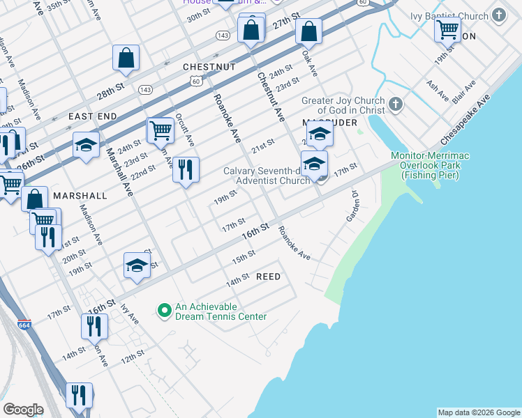 map of restaurants, bars, coffee shops, grocery stores, and more near 1632 Roanoke Avenue in Newport News