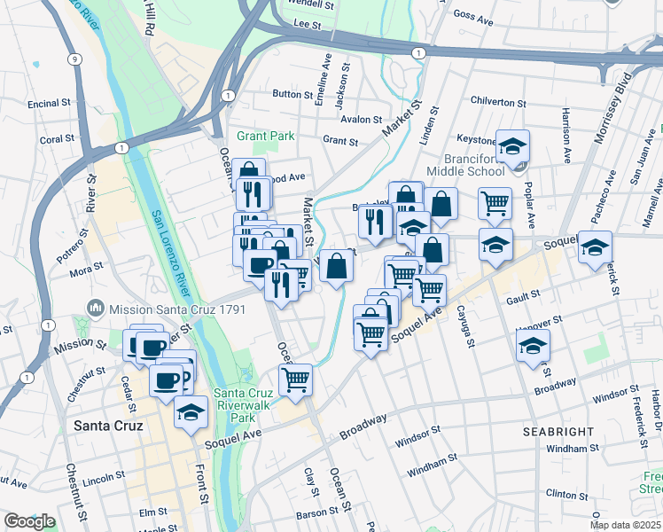 map of restaurants, bars, coffee shops, grocery stores, and more near 631 Water Street in Santa Cruz