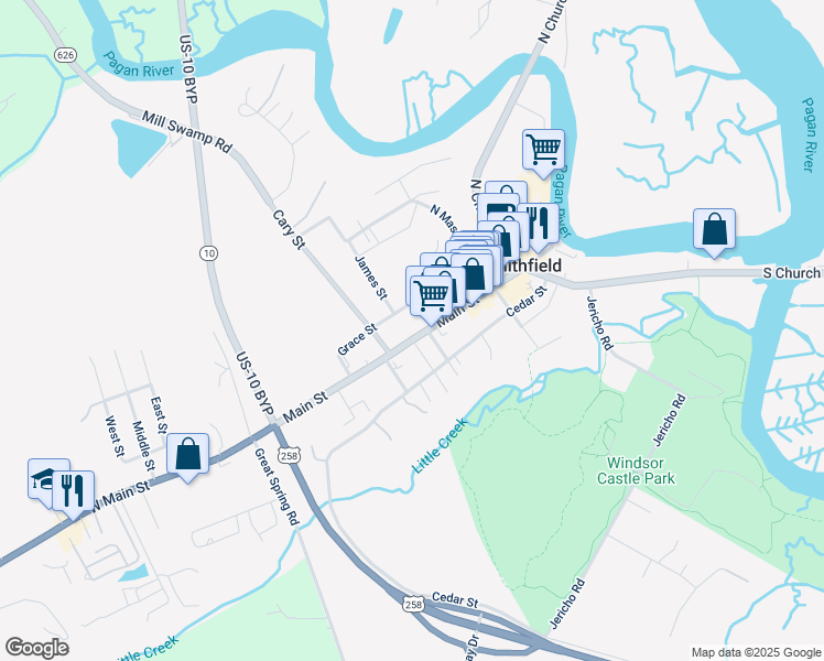 map of restaurants, bars, coffee shops, grocery stores, and more near 336 Main Street in Smithfield