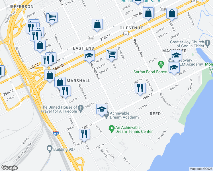 map of restaurants, bars, coffee shops, grocery stores, and more near 812 21st Street in Newport News