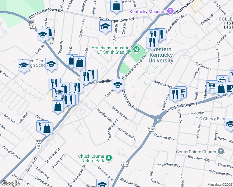 map of restaurants, bars, coffee shops, grocery stores, and more near 1800 Creason Street in Bowling Green
