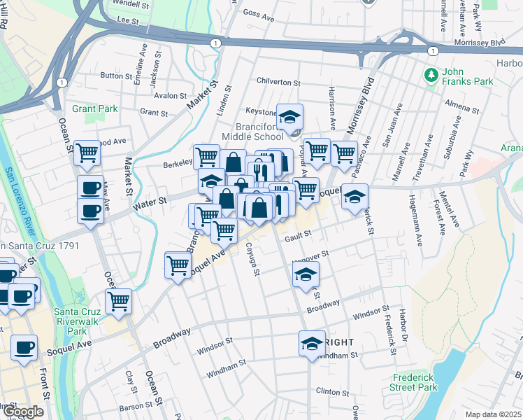 map of restaurants, bars, coffee shops, grocery stores, and more near 1000 Water Street in Santa Cruz