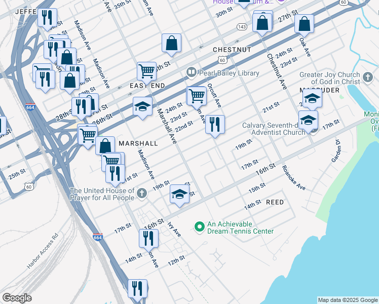 map of restaurants, bars, coffee shops, grocery stores, and more near 825 21st Street in Newport News