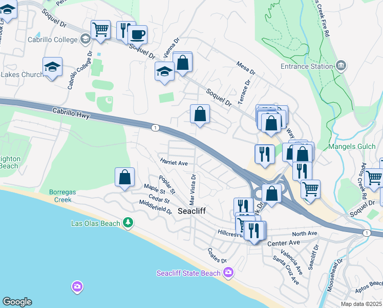 map of restaurants, bars, coffee shops, grocery stores, and more near 506 Gertrude Avenue in Aptos