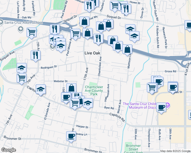 map of restaurants, bars, coffee shops, grocery stores, and more near 2125 Chanticleer Avenue in Santa Cruz