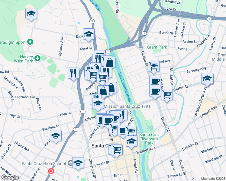 map of restaurants, bars, coffee shops, grocery stores, and more near 318 River Street in Santa Cruz