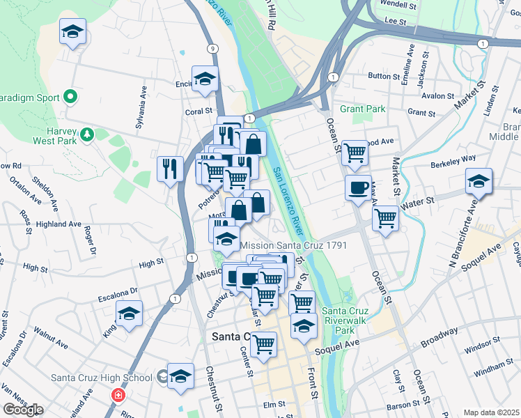 map of restaurants, bars, coffee shops, grocery stores, and more near 318 River Street in Santa Cruz