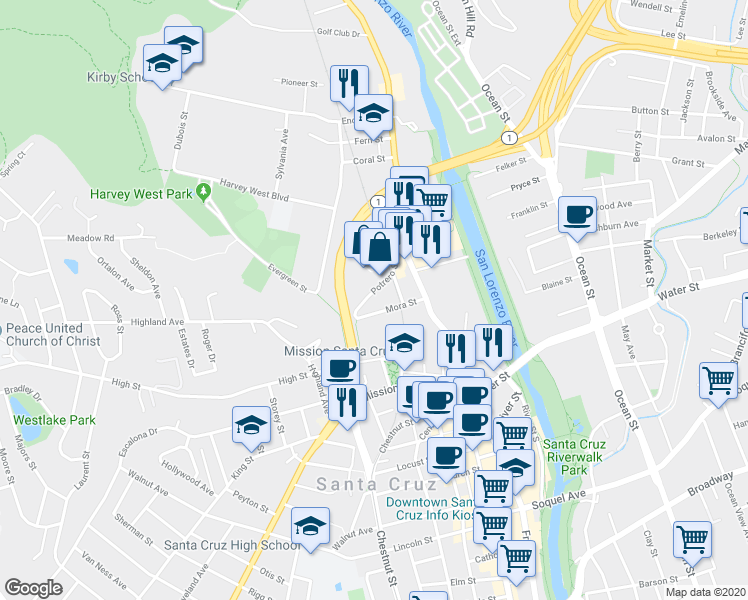 map of restaurants, bars, coffee shops, grocery stores, and more near 303 Potrero Street in Santa Cruz