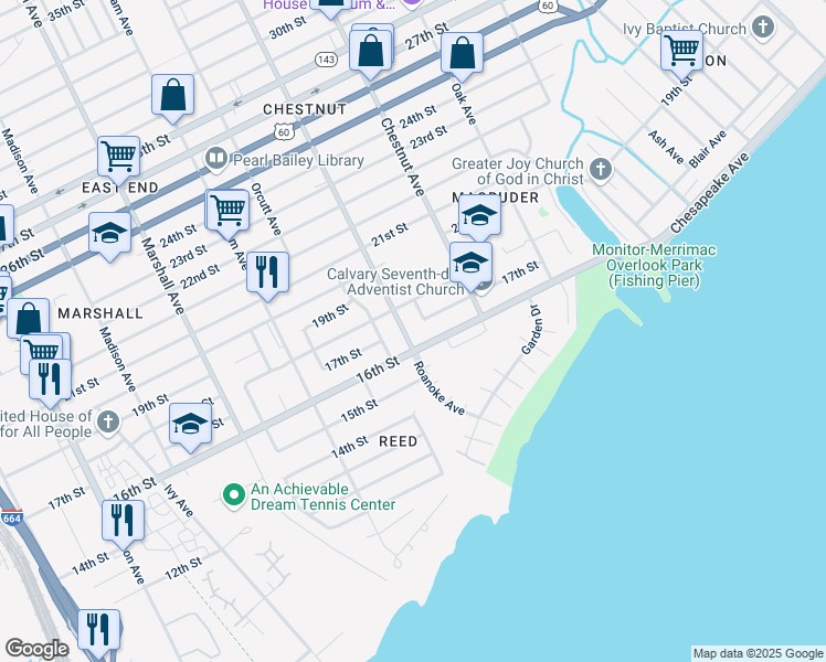 map of restaurants, bars, coffee shops, grocery stores, and more near 1632 Roanoke Avenue in Newport News