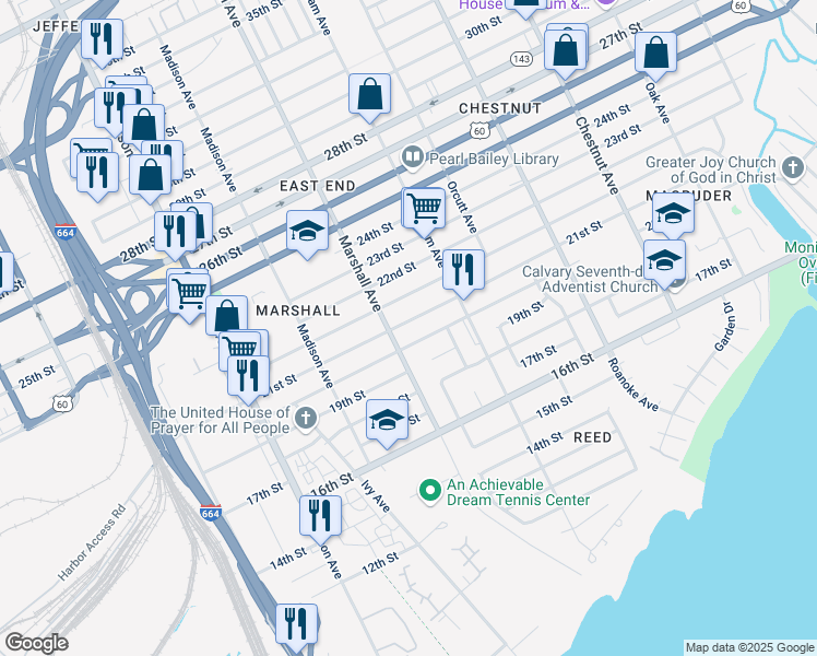 map of restaurants, bars, coffee shops, grocery stores, and more near 825 21st Street in Newport News