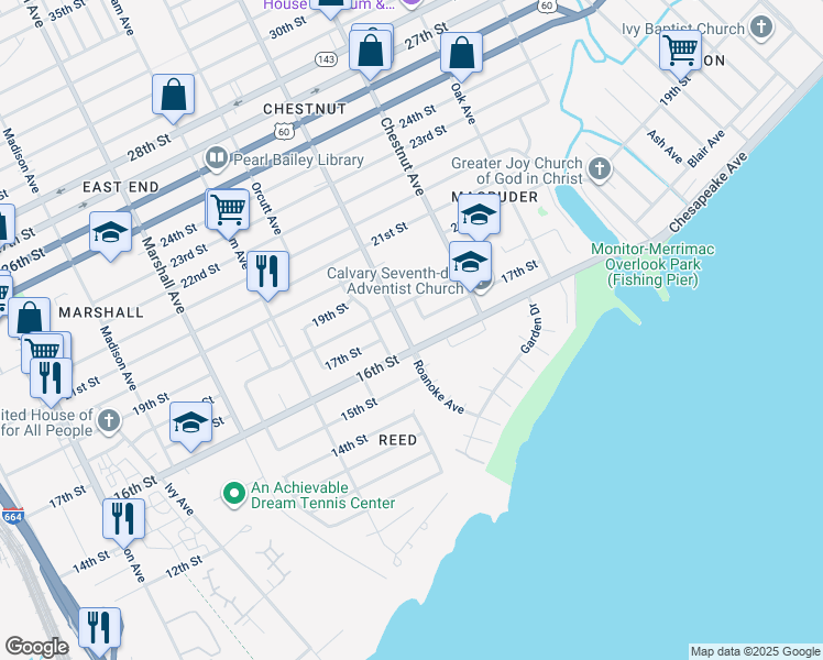 map of restaurants, bars, coffee shops, grocery stores, and more near 1632 Roanoke Avenue in Newport News
