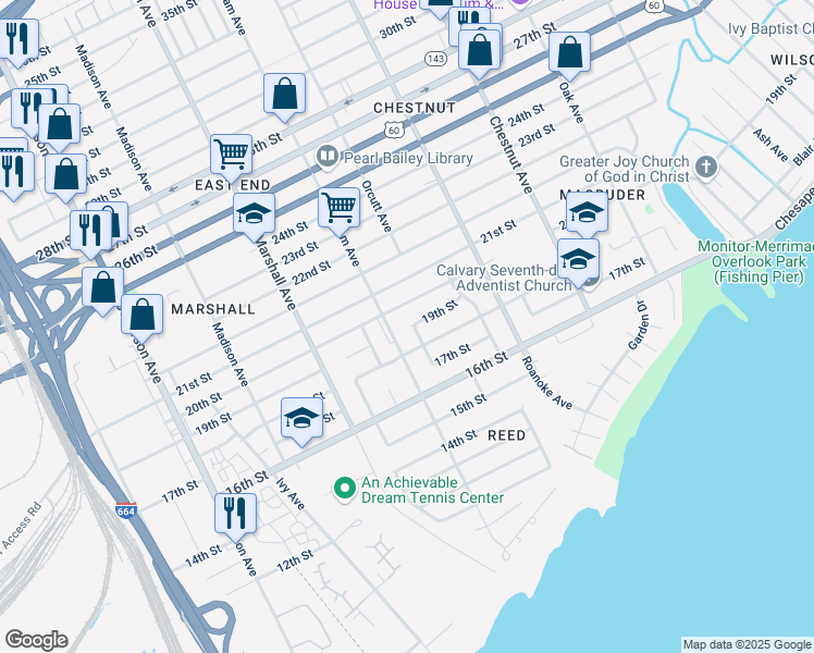 map of restaurants, bars, coffee shops, grocery stores, and more near 913 19th Street in Newport News