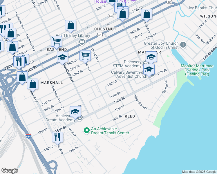 map of restaurants, bars, coffee shops, grocery stores, and more near 930 19th Street in Newport News