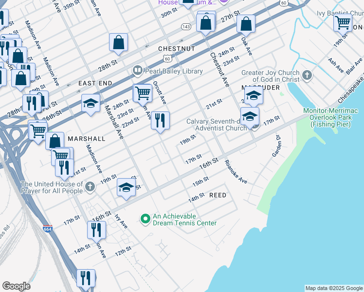 map of restaurants, bars, coffee shops, grocery stores, and more near 930 19th Street in Newport News