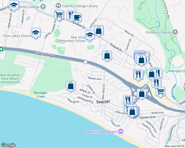 map of restaurants, bars, coffee shops, grocery stores, and more near 530 Laverne Avenue in Aptos