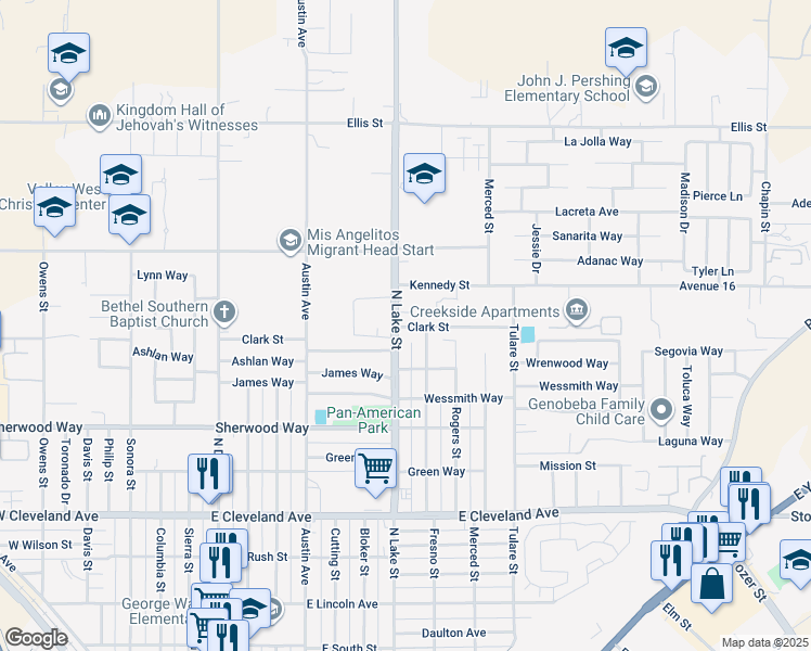 map of restaurants, bars, coffee shops, grocery stores, and more near 905 Clark Street in Madera