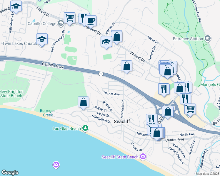map of restaurants, bars, coffee shops, grocery stores, and more near 524 Gertrude Avenue in Aptos