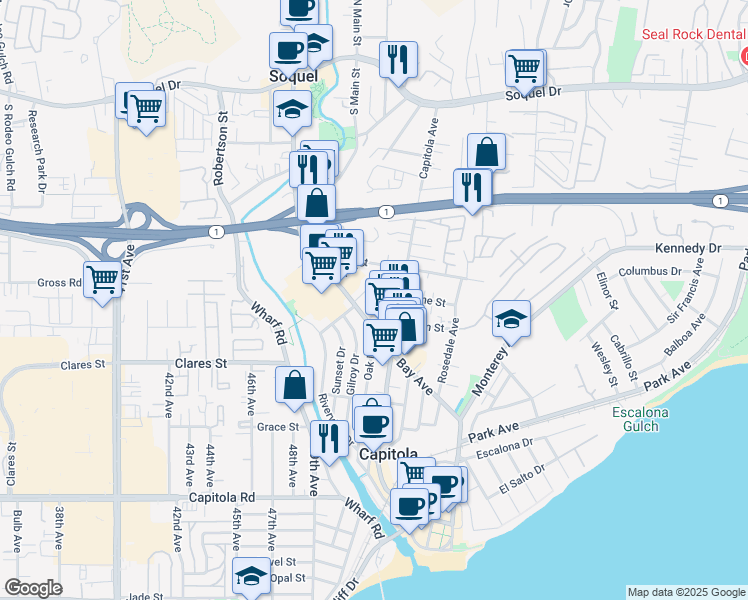 map of restaurants, bars, coffee shops, grocery stores, and more near 810 Bay Avenue in Capitola
