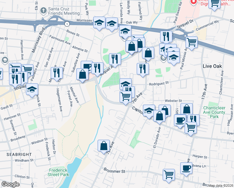 map of restaurants, bars, coffee shops, grocery stores, and more near 465 Glenada Lane in Santa Cruz