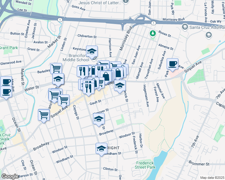 map of restaurants, bars, coffee shops, grocery stores, and more near 1376 Soquel Avenue in Santa Cruz