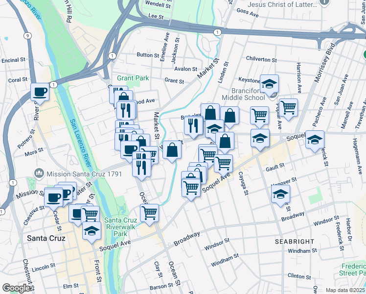 map of restaurants, bars, coffee shops, grocery stores, and more near 631 Water Street in Santa Cruz